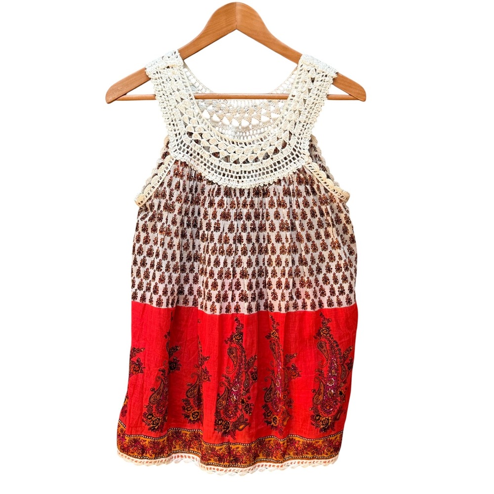 Chaudry Tank Top Womens L Red Paisley Crochet Lace Sequin Boho Sleeveless